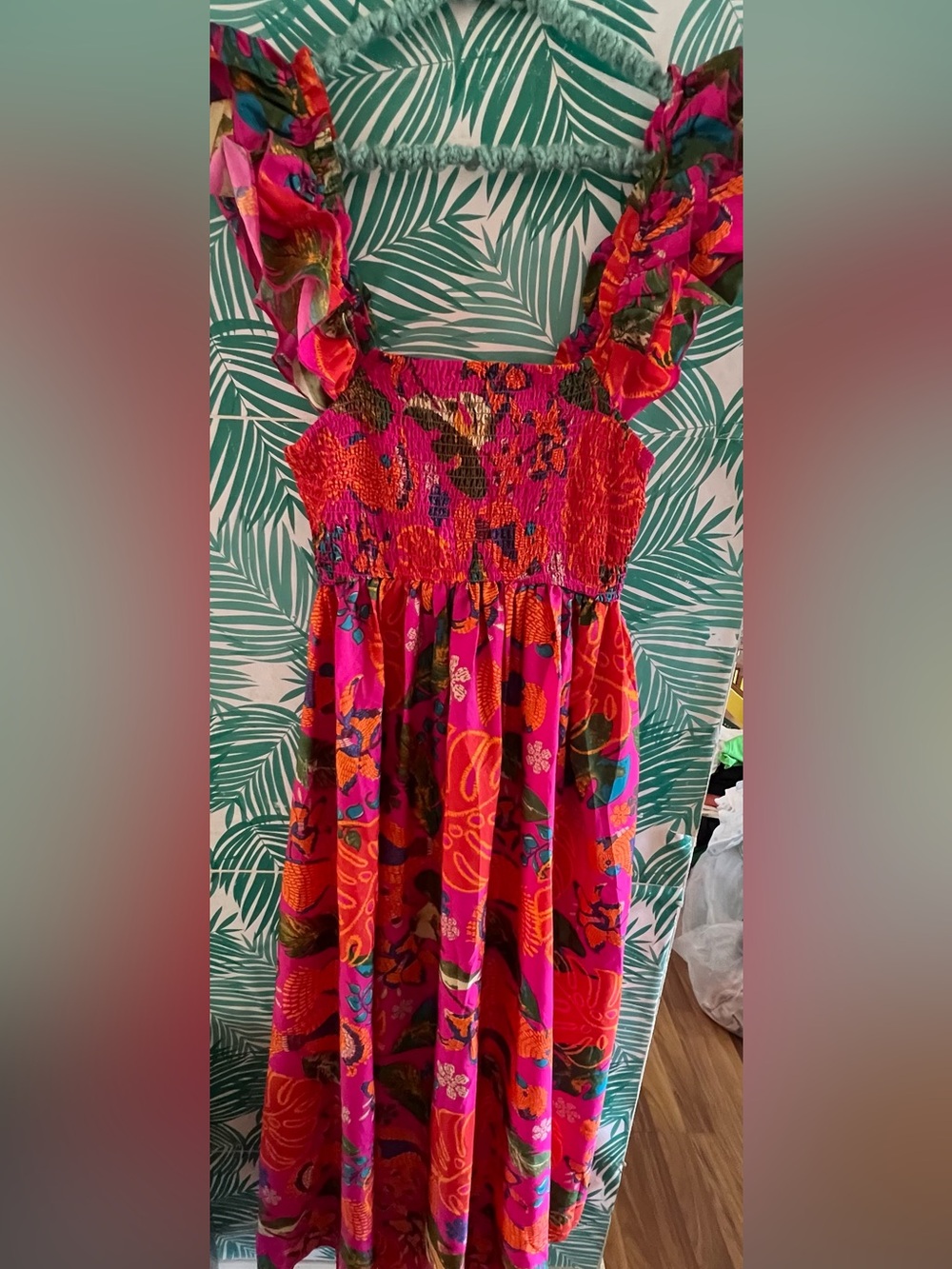 Live 4 Truth Pink & Orange Smocked Maternity dress with Multicolor Floral Sz S